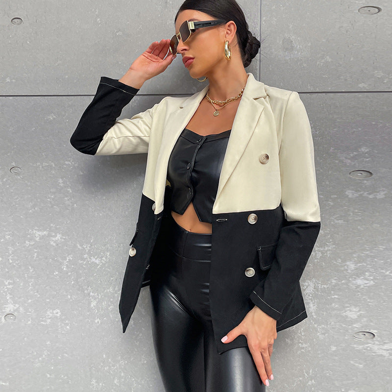 New Black And White Patchwork Button Long Sleeve Mid Length Suit Top - AMAZEALL