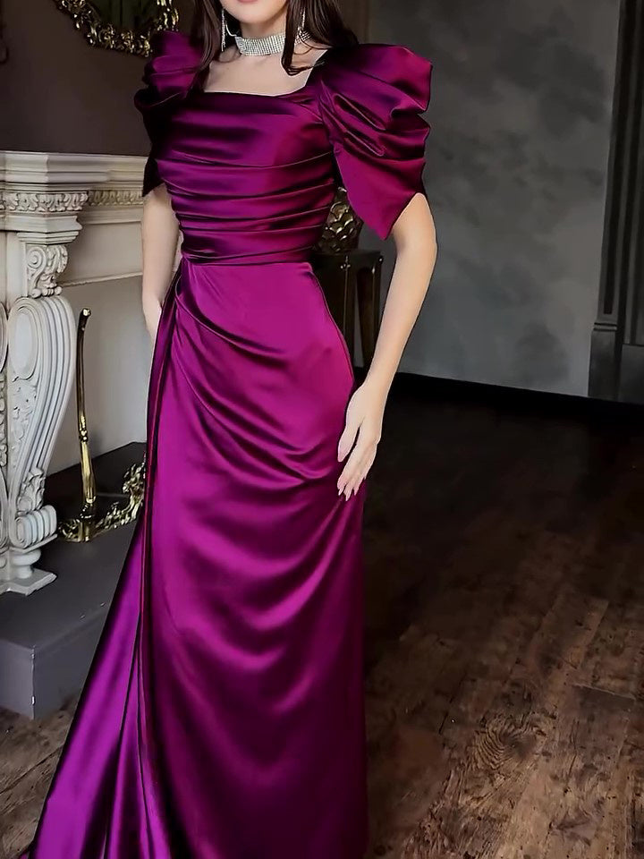 Elegant Puff Sleeve Pleated Slit Maxi Dress - AMAZEALL