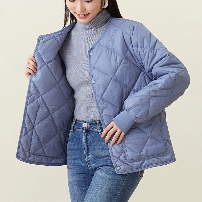 New Rhombus Sewing Cotton Coat Winter Warm Round-neck Jacket With Pockets Lightweight Outerwear For Women's Clothing - AMAZEALL