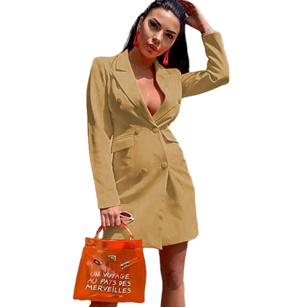 New Summer Women's Fitted Double Breasted Long Sleeve Lapel Blazer - AMAZEALL