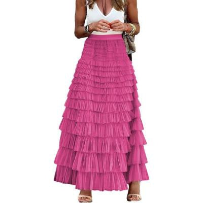 Layered Ruffles Cake Skirt Summer Fashion A Line Swing Mesh Long Skirt Party Dress Women - AMAZEALL