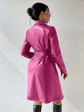 Long Sleeve Lapel PU Leather Jacket With Pockets Slim Fit Long Trench Coat Women's Clothing - AMAZEALL
