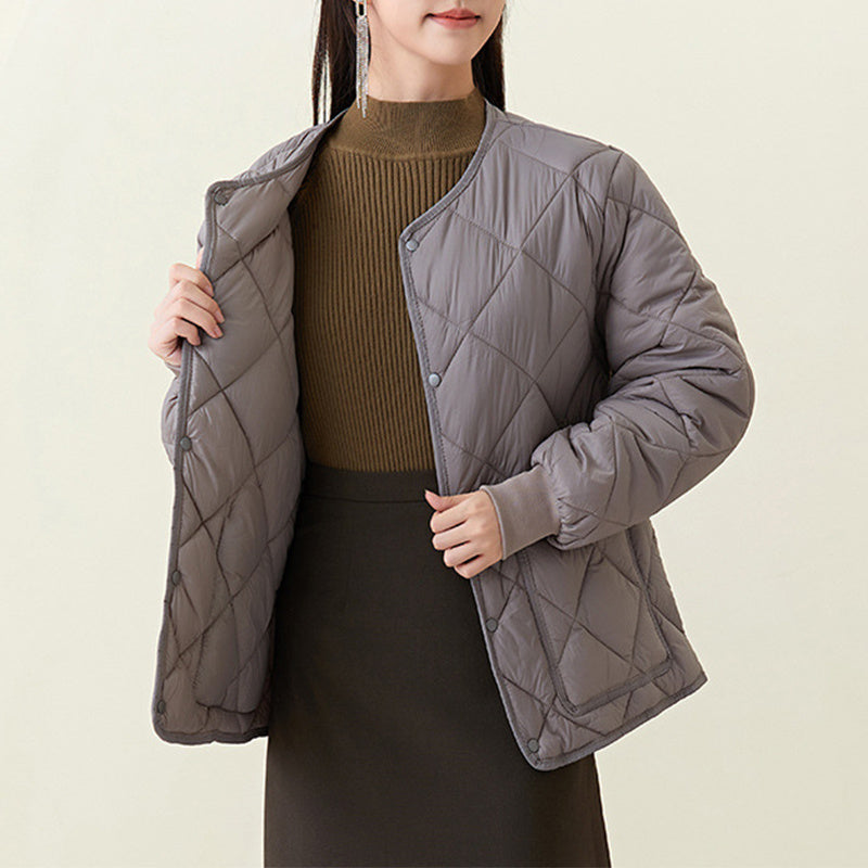 New Rhombus Sewing Cotton Coat Winter Warm Round-neck Jacket With Pockets Lightweight Outerwear For Women's Clothing - AMAZEALL