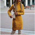 Fashion Turtleneck Knitted Dress With Slit Design Winter Warm Solid Color Pullover Long Sweater Women's Clothing - AMAZEALL