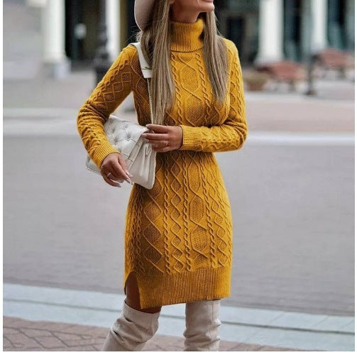 Fashion Turtleneck Knitted Dress With Slit Design Winter Warm Solid Color Pullover Long Sweater Women's Clothing - AMAZEALL