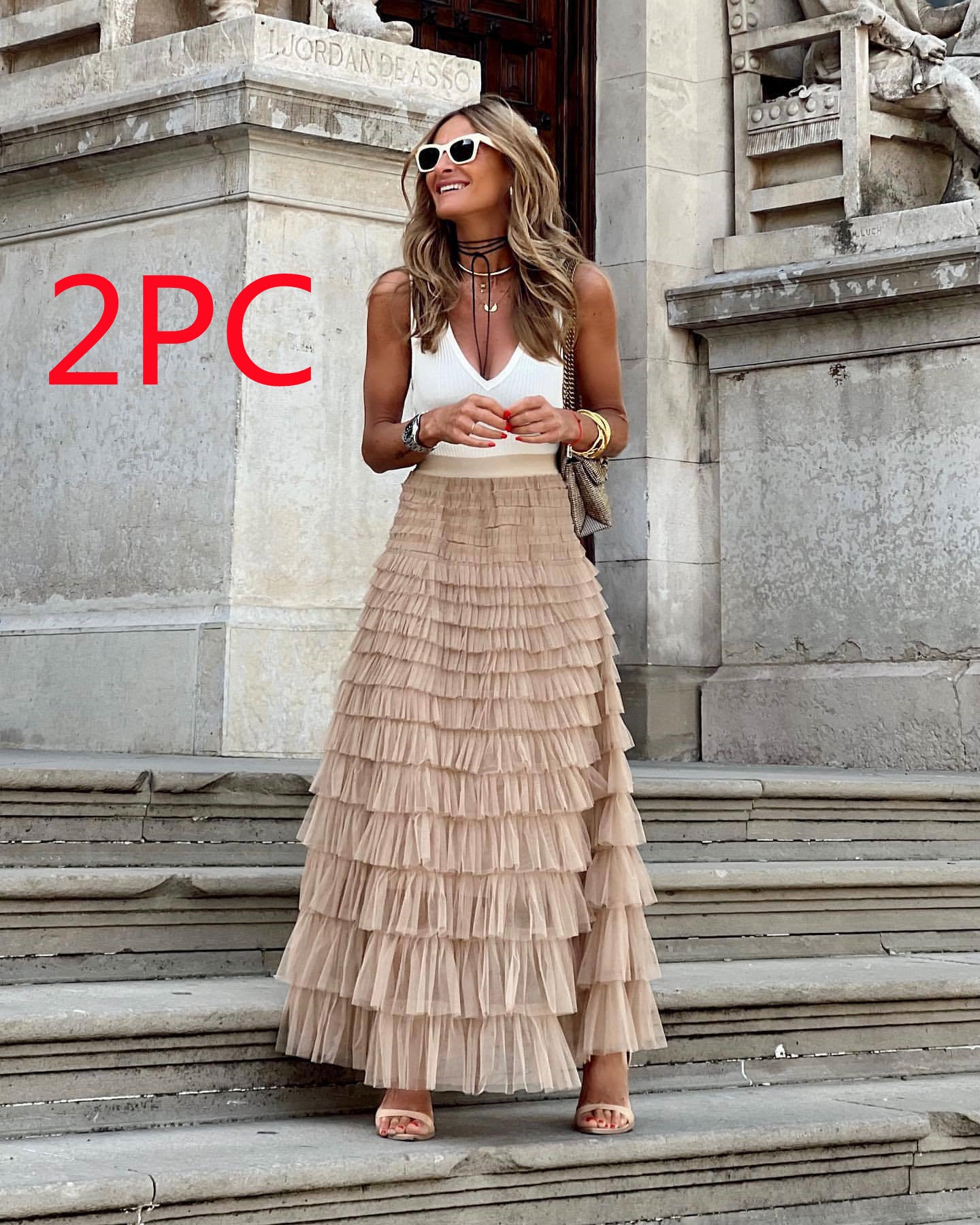 Layered Ruffles Cake Skirt Summer Fashion A Line Swing Mesh Long Skirt Party Dress Women - AMAZEALL