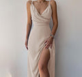 V-neck Slip Dress Low Cut Printed Slit Dress - AMAZEALL