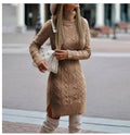 Fashion Turtleneck Knitted Dress With Slit Design Winter Warm Solid Color Pullover Long Sweater Women's Clothing - AMAZEALL