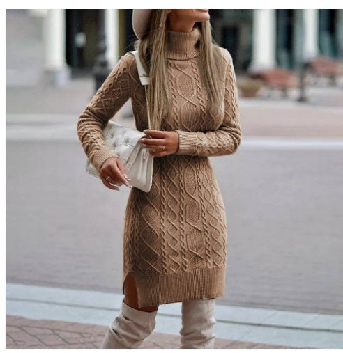 Fashion Turtleneck Knitted Dress With Slit Design Winter Warm Solid Color Pullover Long Sweater Women's Clothing - AMAZEALL