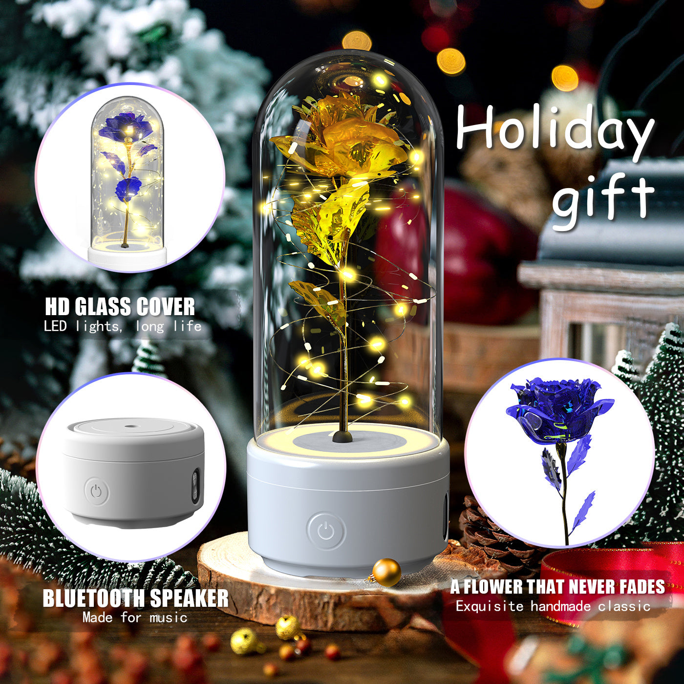 Creative 2 In 1 Rose Flowers LED Light And Bluetooth-compatible Speaker Valentine's Day Gift Rose Luminous Night Light Ornament In Glass Cover - AMAZEALL