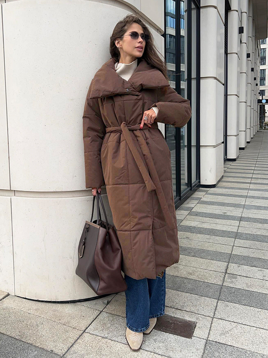 Fashion Large Lapel Long Coat Winter Warm Cotton Jacket With Pockets And Lace-up Design Casual Solid Color Thick Coat For Women Outwear Clothing - AMAZEALL