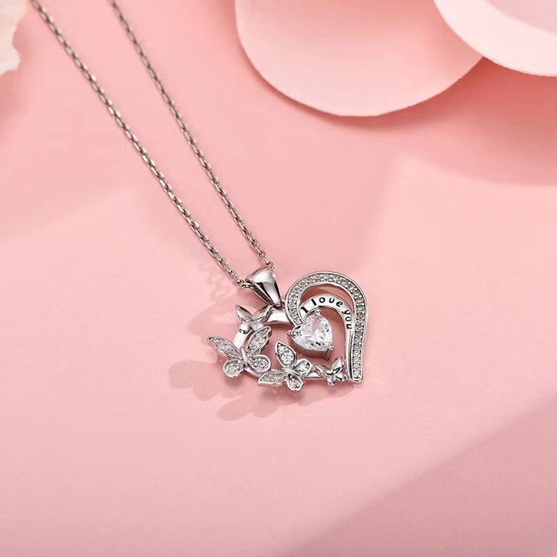 Ins Butterfly Love Necklace With Rhinestones Fashion Personality Hollow Heart-shaped Clavicle Chain Pendant Necklace For Valentine's Day - AMAZEALL