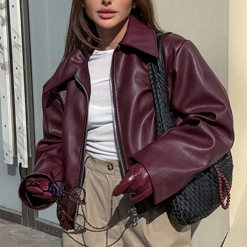 Solid Color Lapel Zipper Jacket Fashion Casual Long Sleeve Leather Coat Tops Women Clothing - AMAZEALL