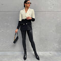 New Black And White Patchwork Button Long Sleeve Mid Length Suit Top - AMAZEALL