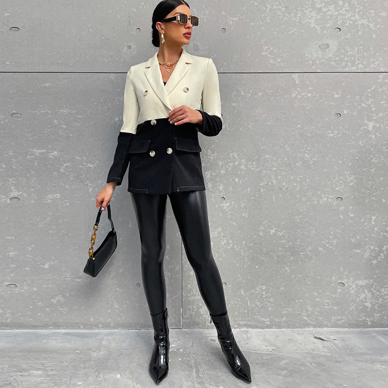 New Black And White Patchwork Button Long Sleeve Mid Length Suit Top - AMAZEALL