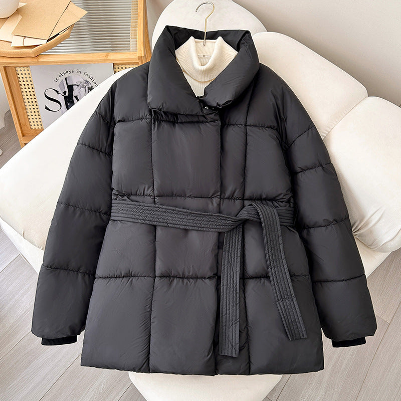 Winter Plaid Sewing Lapel Coat With Lace-up Design Fashion Loose Solid Thick Jacket Outerwear Women's Clothing - AMAZEALL