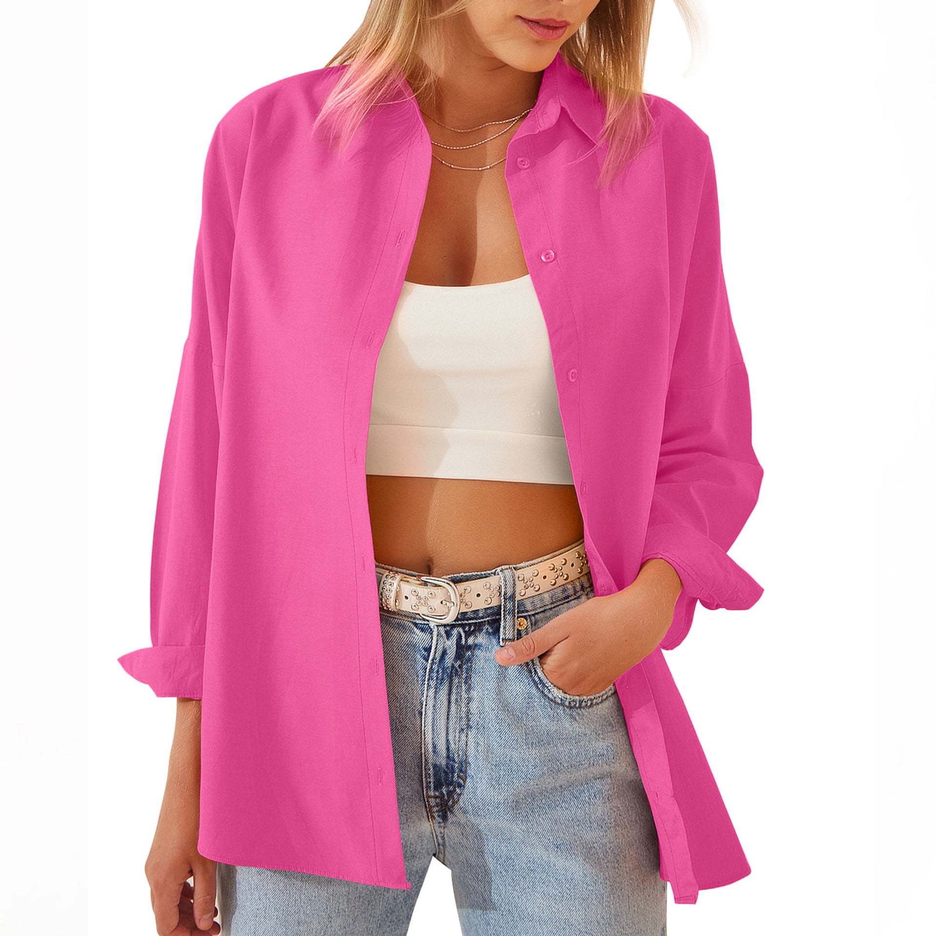 Women's Shirt Jacket Long Sleeve Blouse Button Down Tops Candy Color Shirt - AMAZEALL