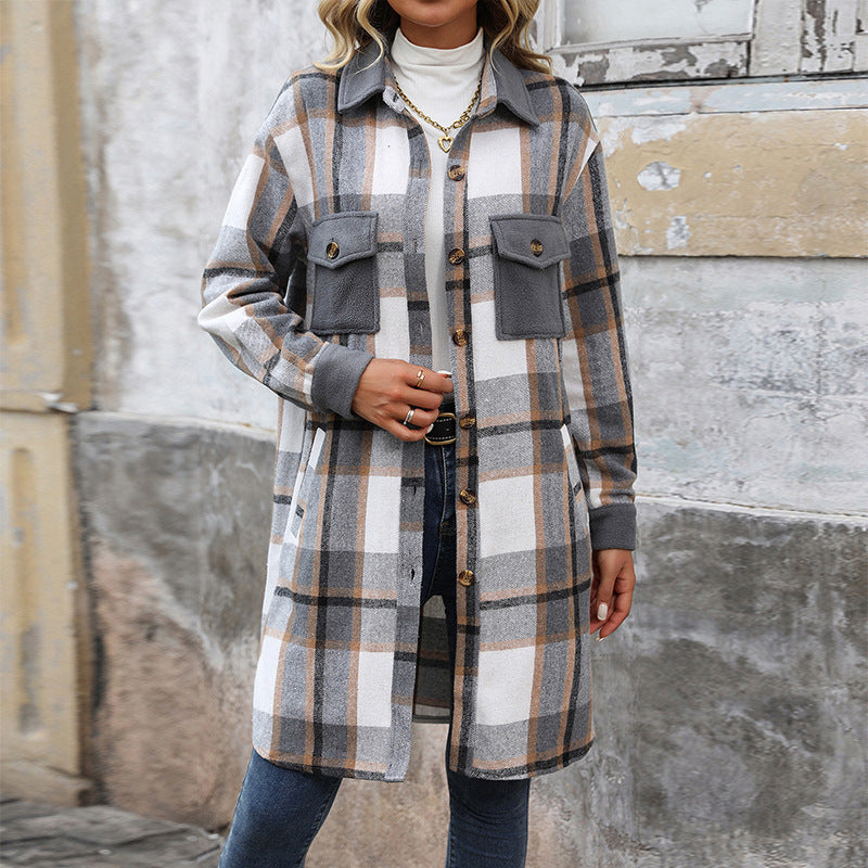 New Brushed Plaid Long Coat With Pockets Fashion Winter Jacket Outwear Women's Clothing - AMAZEALL