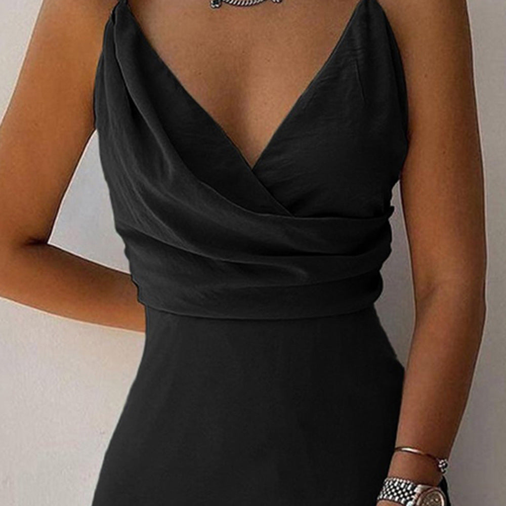 V-neck Slip Dress Low Cut Printed Slit Dress - AMAZEALL