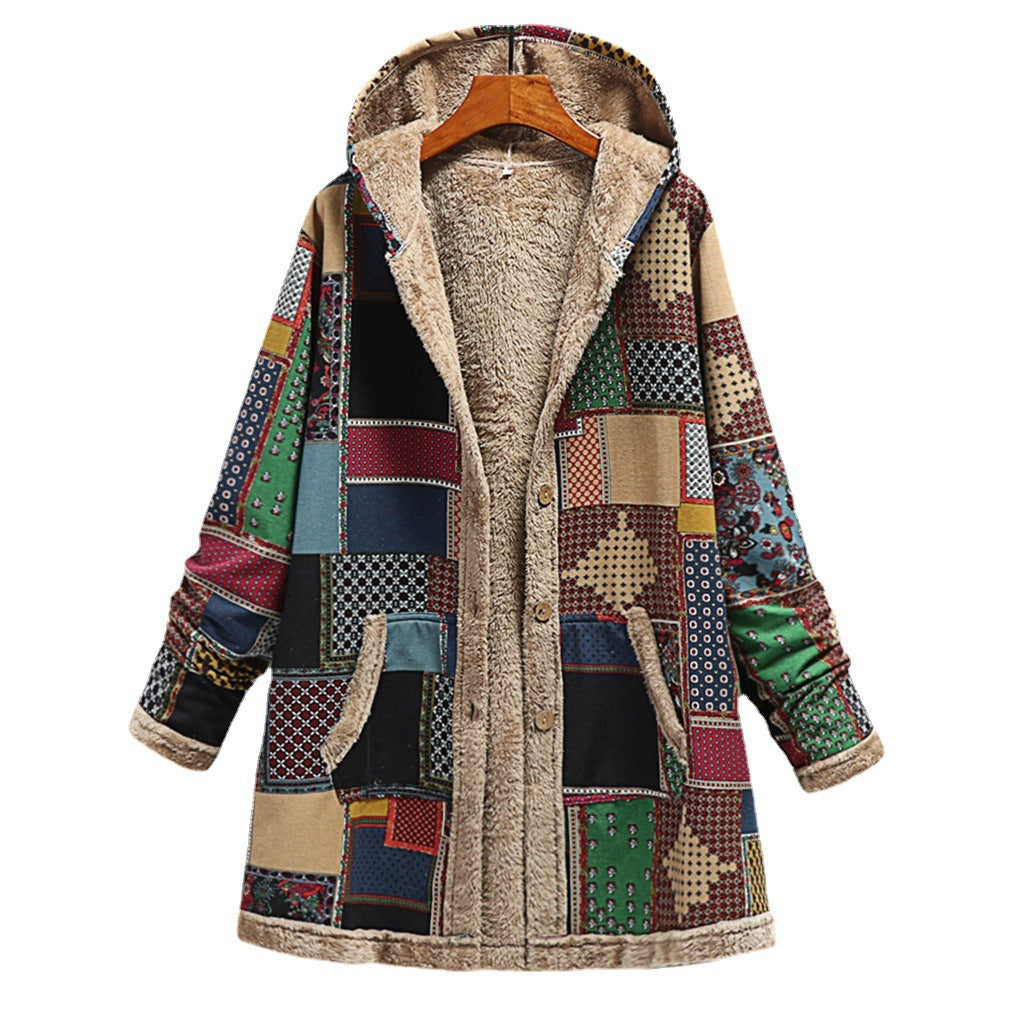 Cotton And Linen Printed Hoodie Warm Plush Coat - AMAZEALL