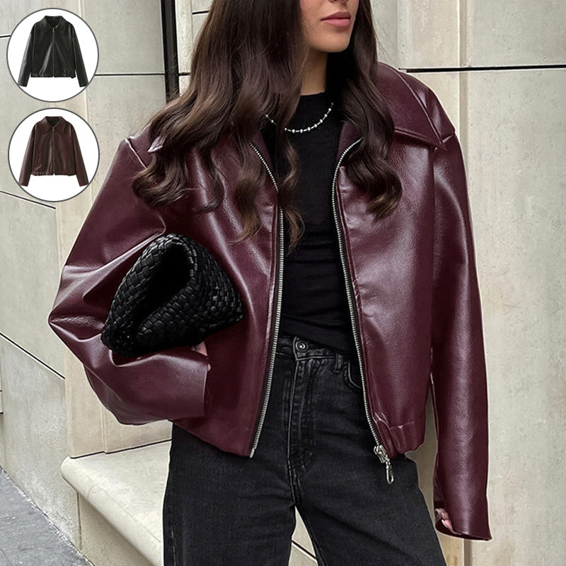 Solid Color Lapel Zipper Jacket Fashion Casual Long Sleeve Leather Coat Tops Women Clothing - AMAZEALL