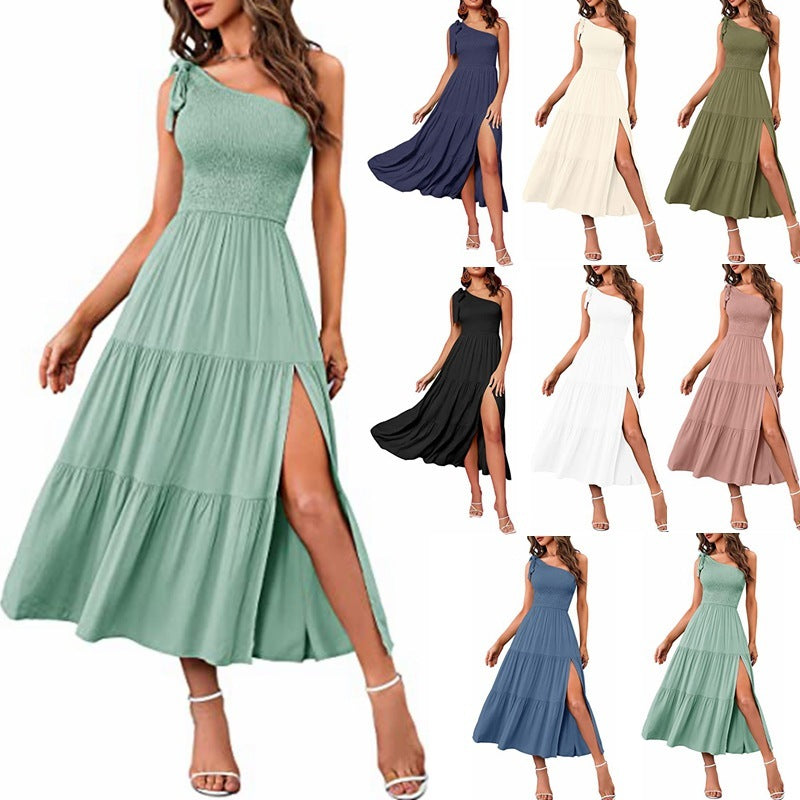 New Summer Fashion Women's One-shoulder Pleated Layered Hem Split Dress - AMAZEALL