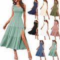 New Summer Fashion Women's One-shoulder Pleated Layered Hem Split Dress - AMAZEALL