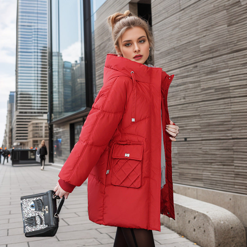 Winter Warm Hooded Coat With Pockets Fashion Solid Color Thicken Straight Cotton Jacket For Women Outerwear Clothing - AMAZEALL