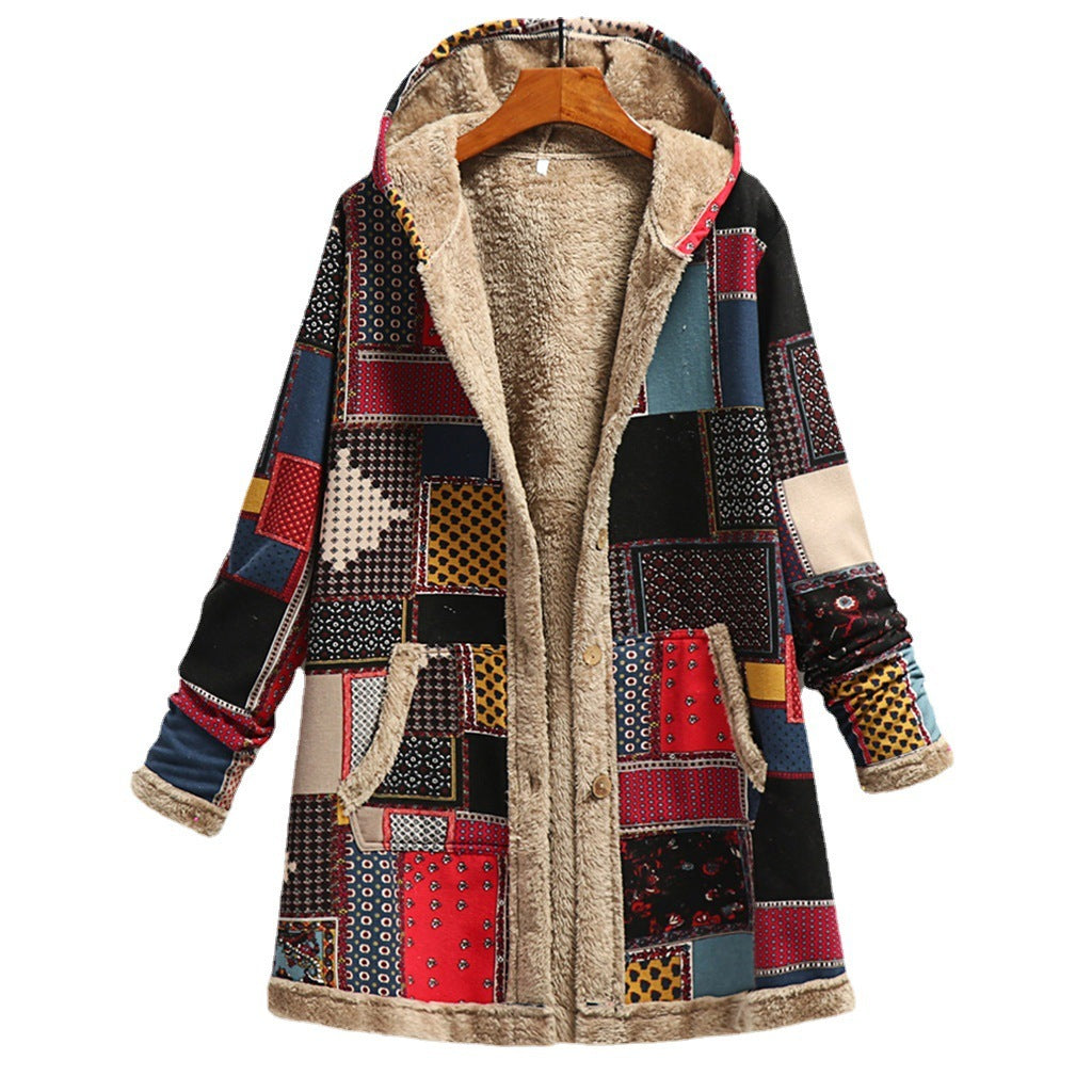 Cotton And Linen Printed Hoodie Warm Plush Coat - AMAZEALL
