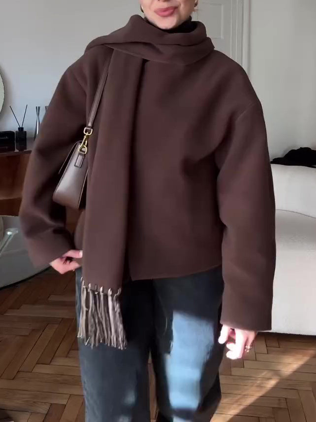 Short Wrap Coat With Scarf - AMAZEALL