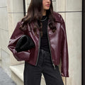 Solid Color Lapel Zipper Jacket Fashion Casual Long Sleeve Leather Coat Tops Women Clothing - AMAZEALL
