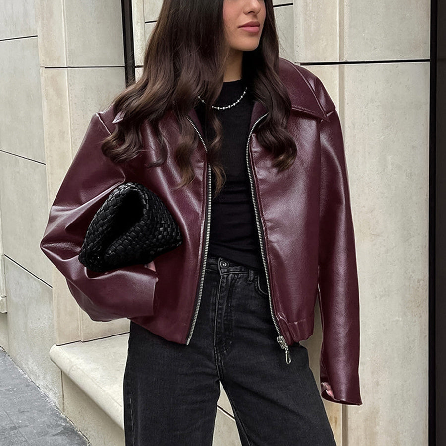 Solid Color Lapel Zipper Jacket Fashion Casual Long Sleeve Leather Coat Tops Women Clothing - AMAZEALL
