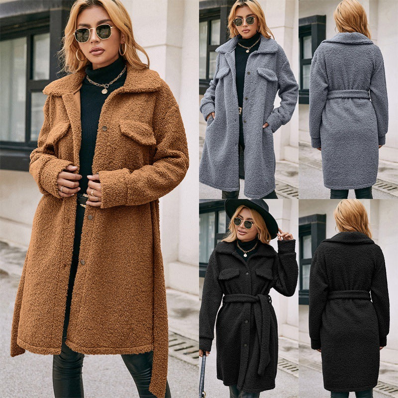 Mid Length Lapel Belted Single Breasted Plush Trench Coat - AMAZEALL
