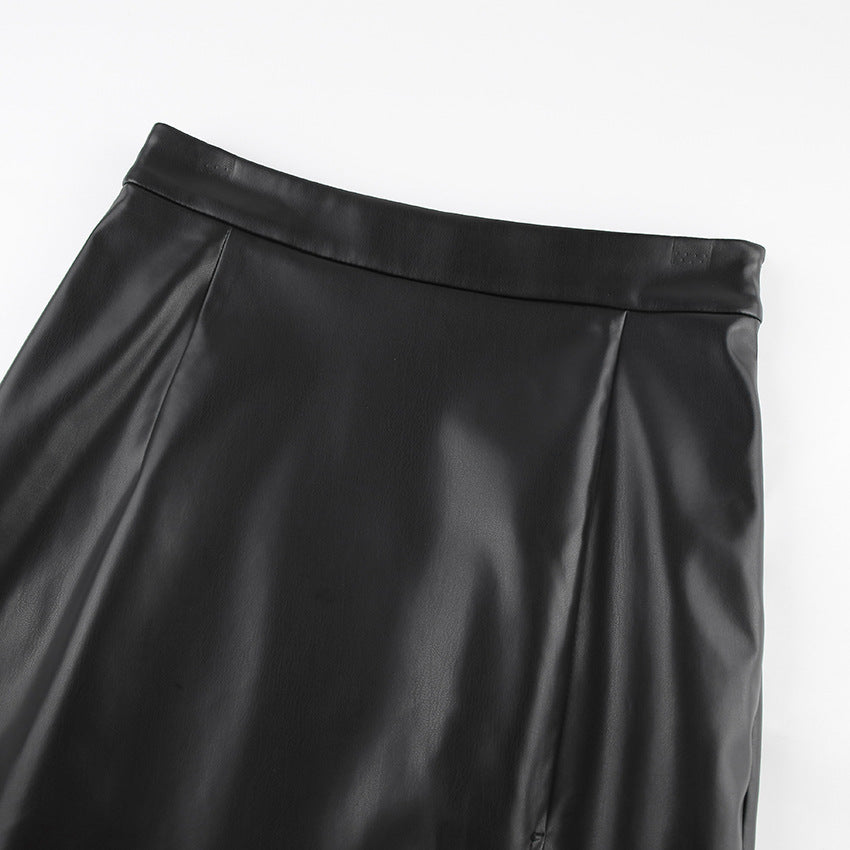 Slit Leather Sexy Mid Length Skirt High Waist Skirt - AMAZEALL