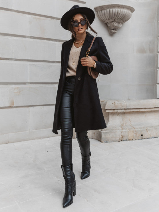 Solid Color Lapel Mid Length Button Wool Coat - AMAZEALL