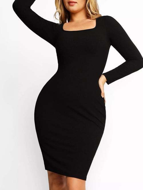 Round Neck Sleeved Slim Fitting Long Dress - AMAZEALL