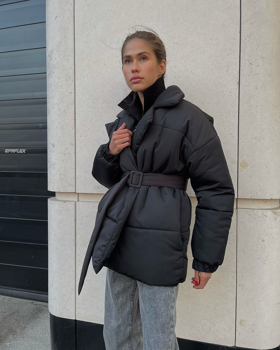 Winter Lapel Waisted Cotton Coat Fashion Solid Color Slim Overcoat Womens Clothing - AMAZEALL