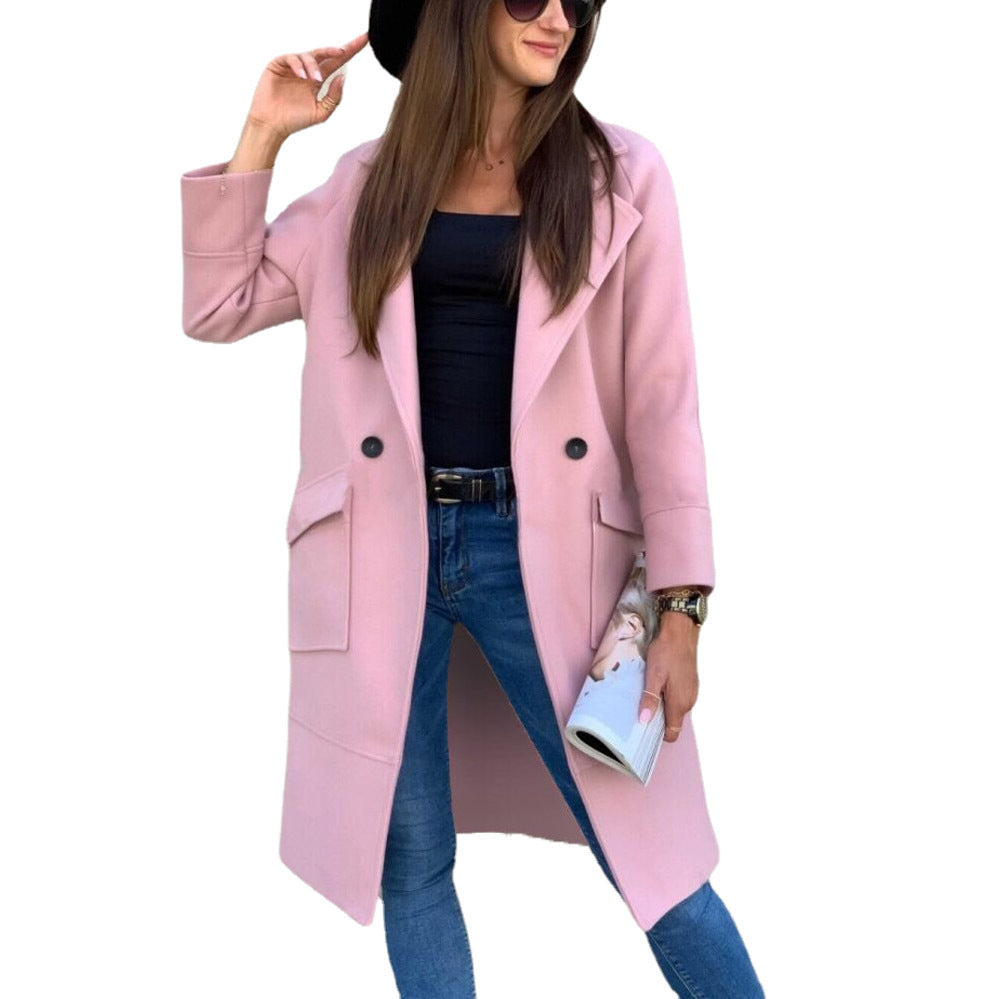 Autumn And Winter Solid Color Long-sleeved Suit Collar Button Pocket Wool Coat - AMAZEALL