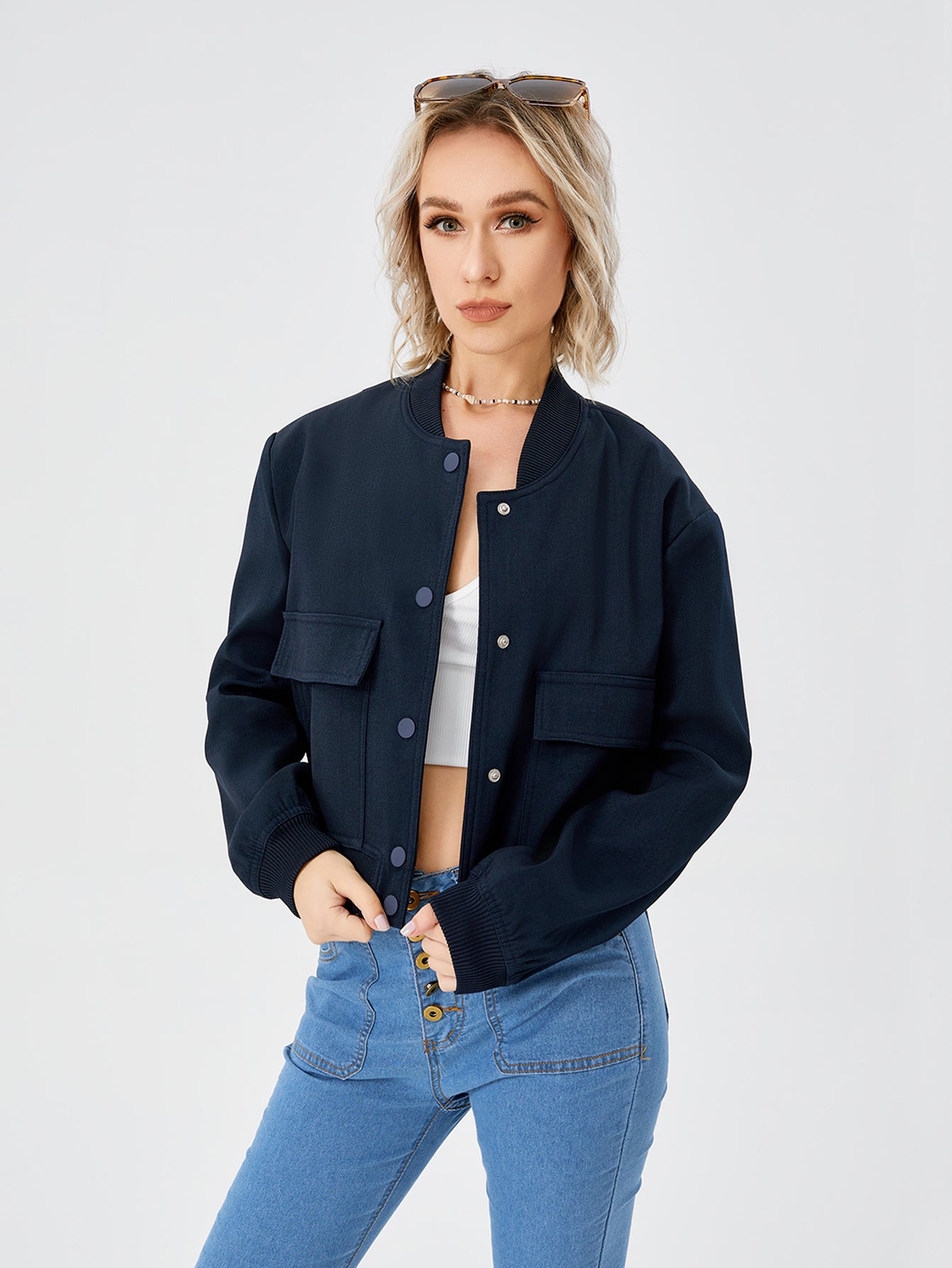 Women's Lightweight Cropped Bomber Jacket Casual Long Sleeve Varsity Jacket With Pocket Fashion Y2k Jacket Streetwear - AMAZEALL