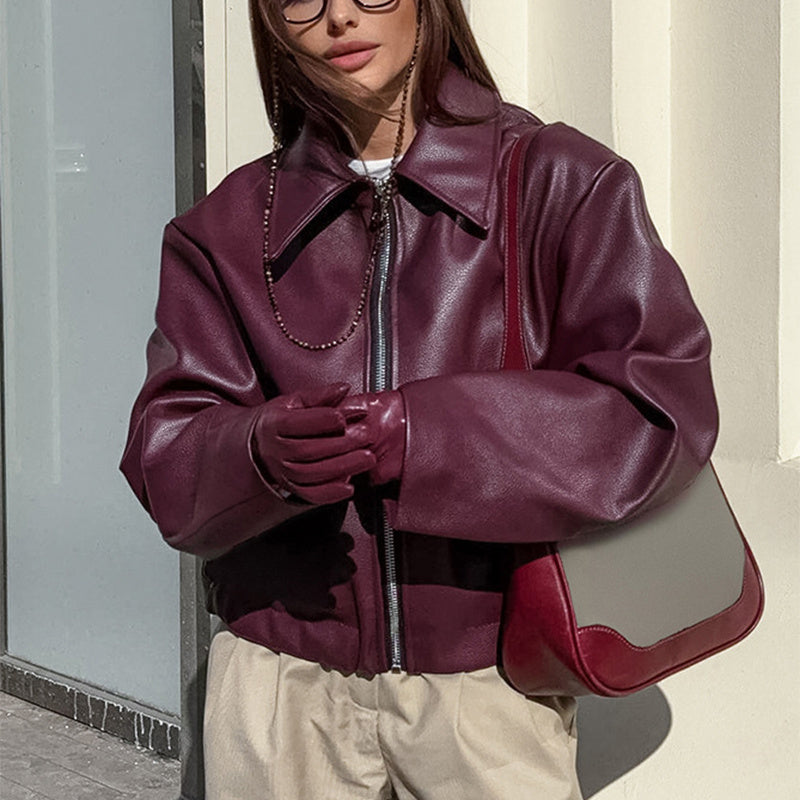 Solid Color Lapel Zipper Jacket Fashion Casual Long Sleeve Leather Coat Tops Women Clothing - AMAZEALL