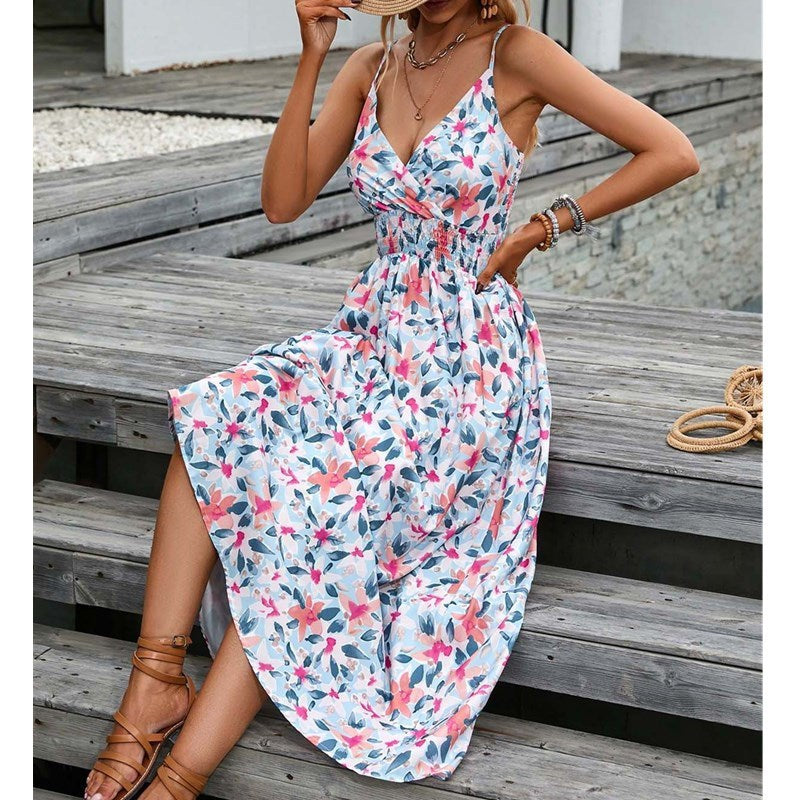 Fashionable Deep V Printed Slip Dress Summer - AMAZEALL