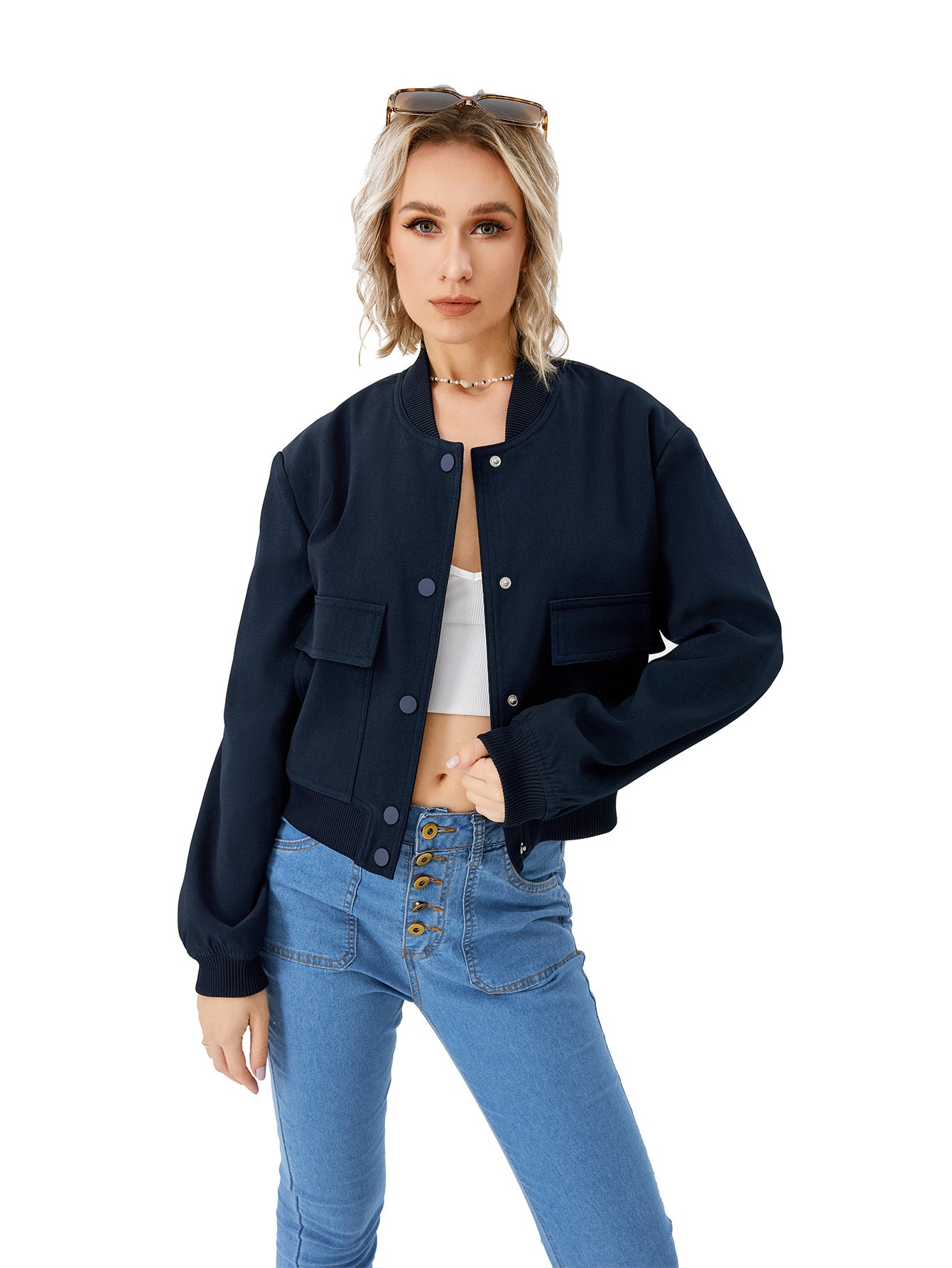 Women's Lightweight Cropped Bomber Jacket Casual Long Sleeve Varsity Jacket With Pocket Fashion Y2k Jacket Streetwear - AMAZEALL