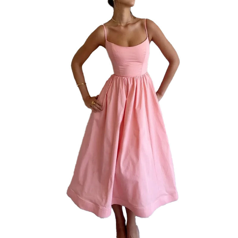 Women's Solid Color Printing Fresh Sweet Sexy Suspender Dress - AMAZEALL