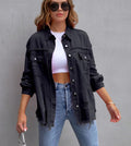 Women's Oversized Frayed Lightweight Denim Jacket Button Down Ripped Distressed Jean Shacket - AMAZEALL