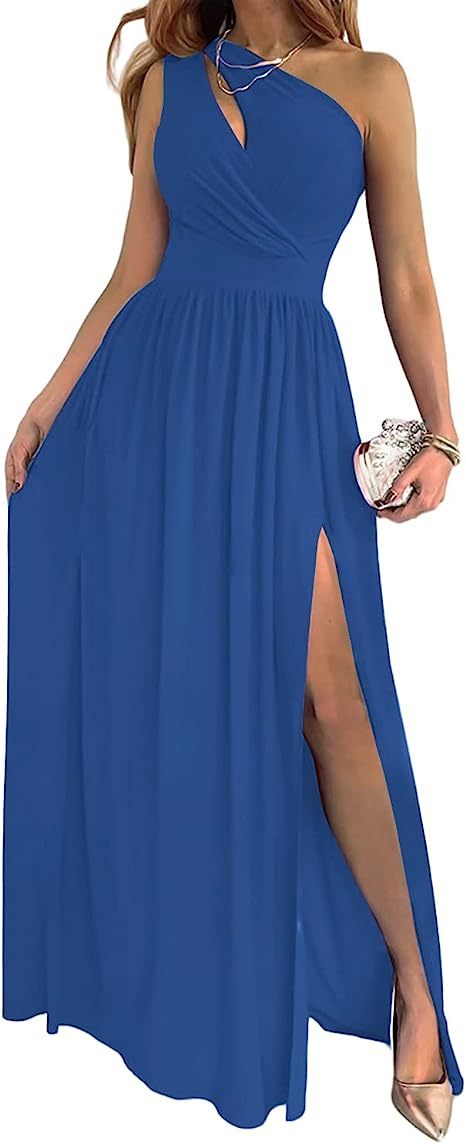Women's One Shoulder High Split Cutout Sleeveless Elegant Sexy Cocktail Maxi Dress - AMAZEALL