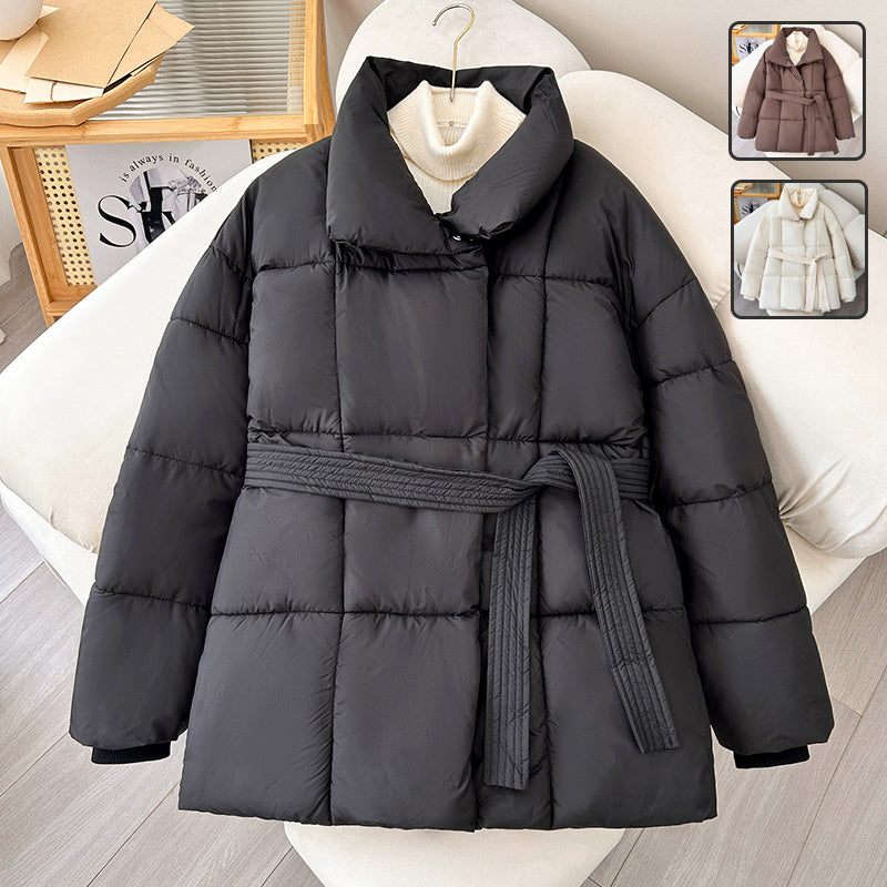 Winter Plaid Sewing Lapel Coat With Lace-up Design Fashion Loose Solid Thick Jacket Outerwear Women's Clothing - AMAZEALL