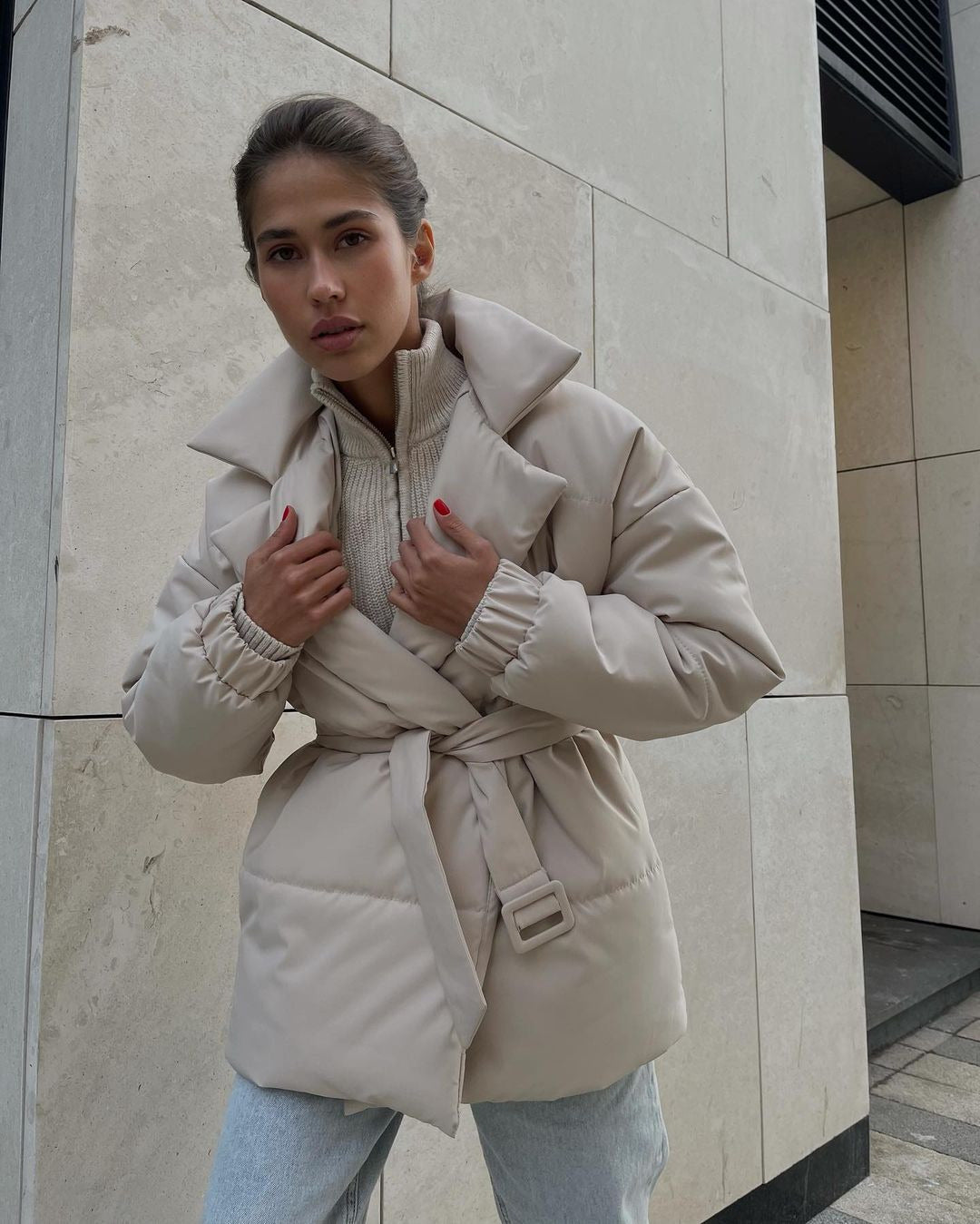 Winter Lapel Waisted Cotton Coat Fashion Solid Color Slim Overcoat Womens Clothing - AMAZEALL