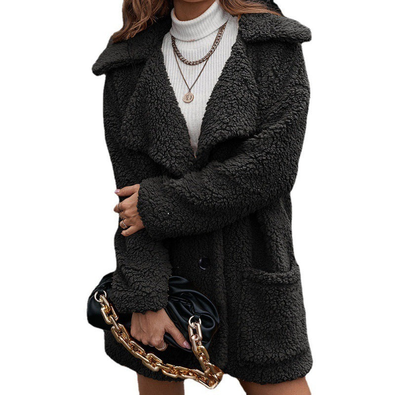 Single Breasted Bubble Fleece Jacket Loose Lapel Lamb Fleece Trench Coat - AMAZEALL