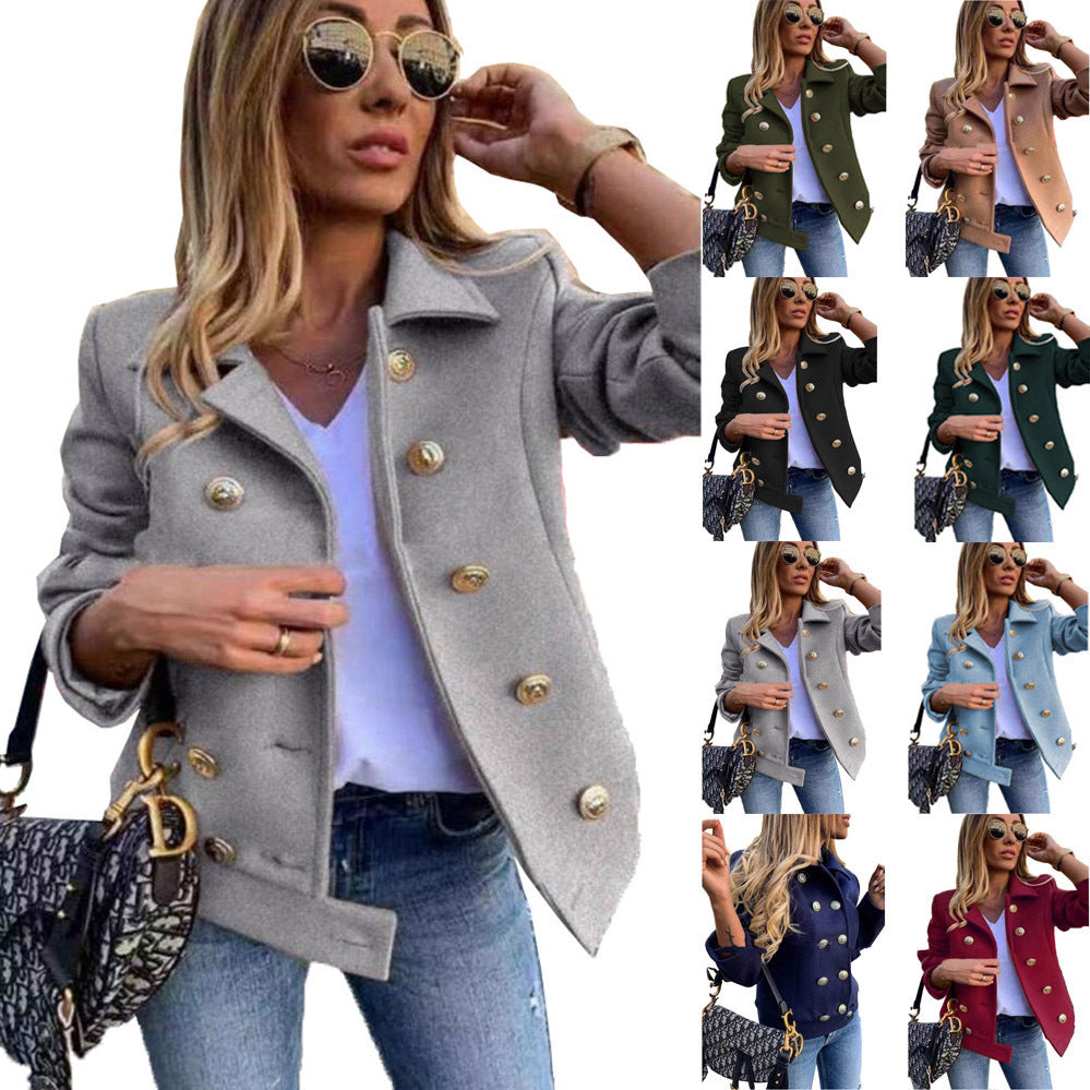 Autumn And Winter Slim Long-sleeved Double-breasted Suit Collar Woolen Coat - AMAZEALL