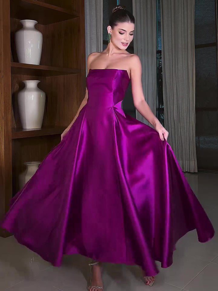 Satin Tube Top Full Skirt Dress - AMAZEALL